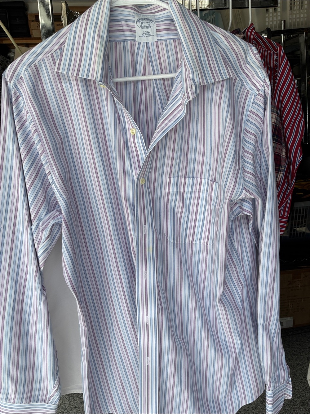 Brooks Brothers White Dress Shirt with Blue & Pink Stripes Large